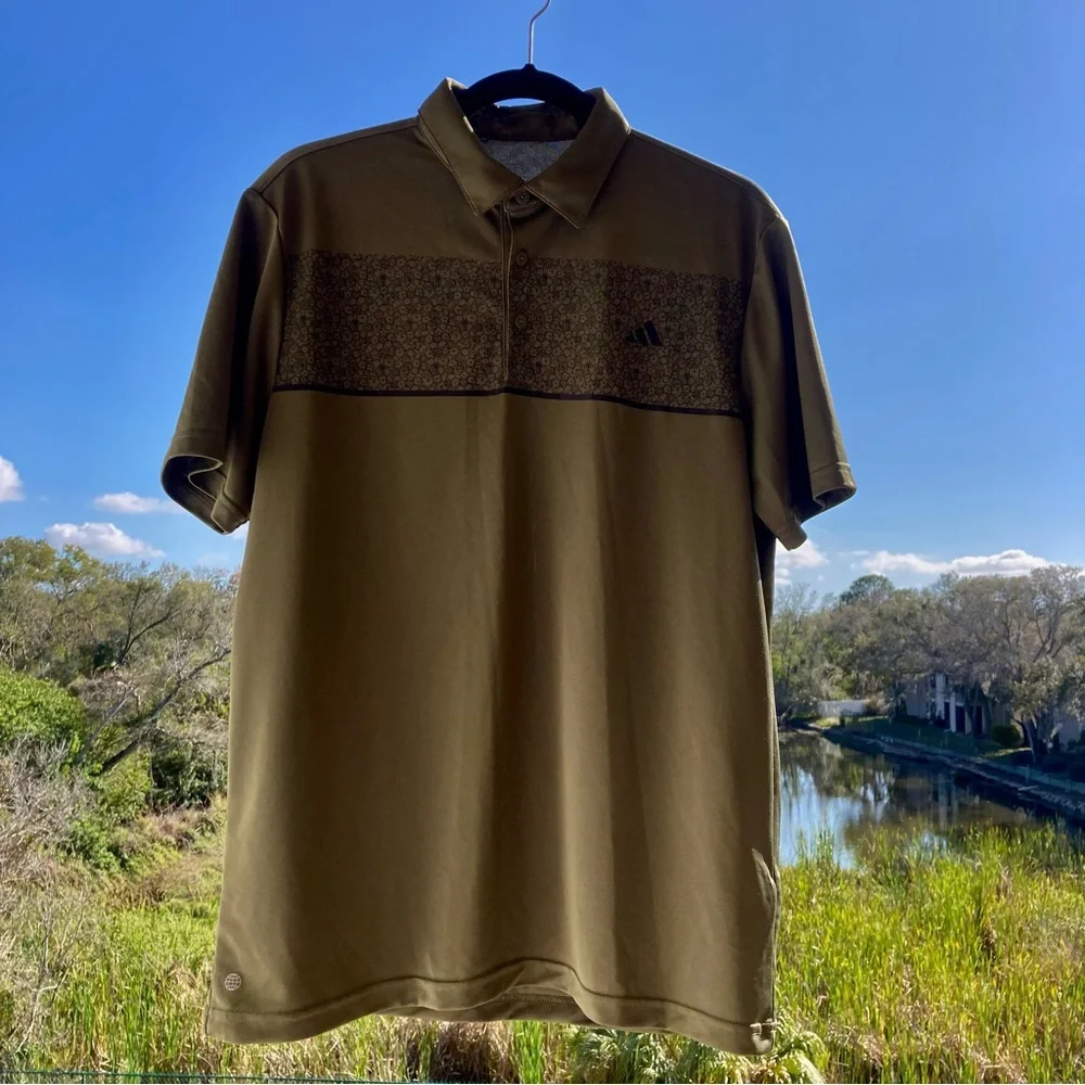 Adidas Olive Strata Chest Print Golf Polo Shirt | Men’s Size M